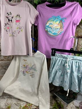 0133 Cat and Jack Girls Size 6/7 4-Piece Outfit Bundle Graphic Tees & Skort
